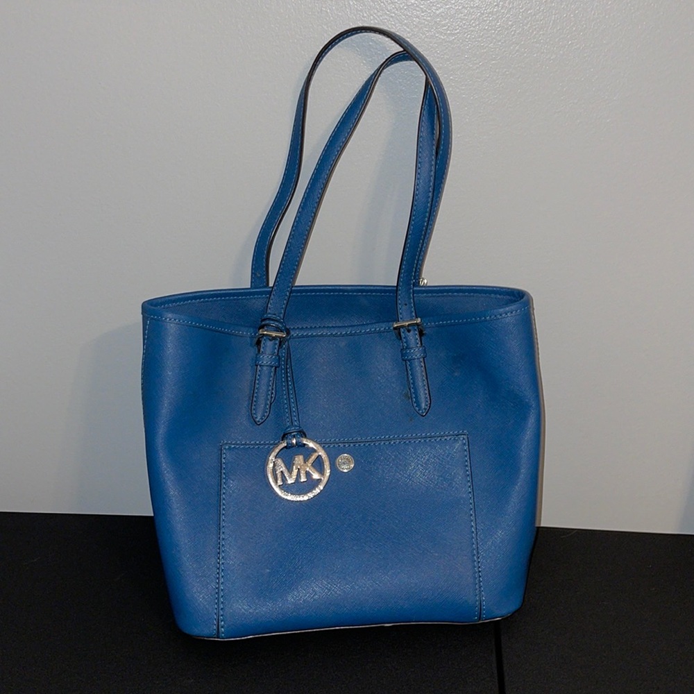 Michael Kors Blue Saffiano Leather Front Pocket Tote Bag